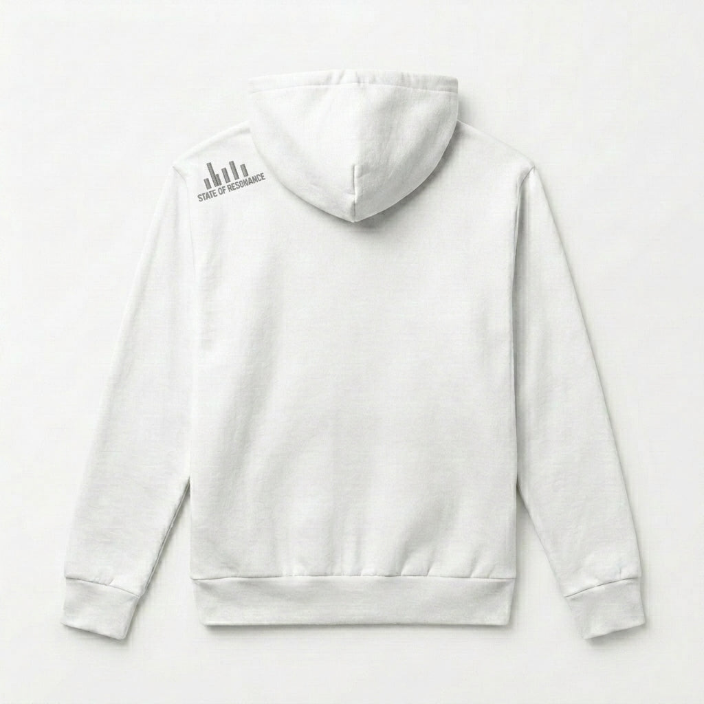 Detailed view of high-density alchemical sigil embroidery on White hoodie shoulder