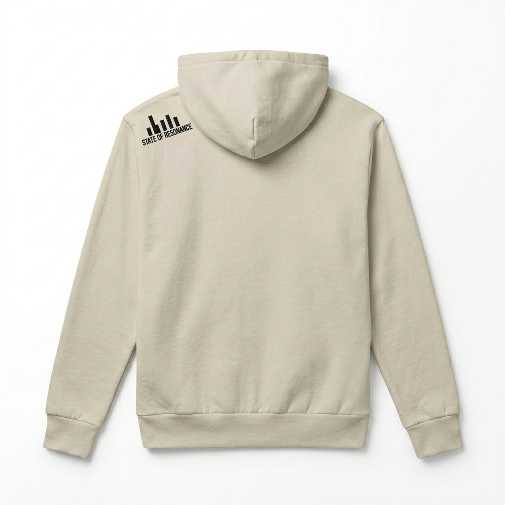 Detailed view of high-density alchemical sigil embroidery on Sandshell beige hoodie shoulder